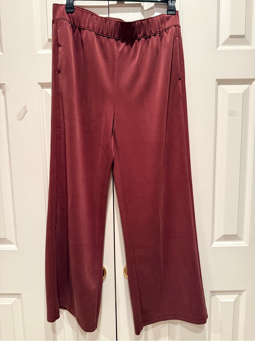 FLX High Rise Wide Leg Pull On Pants in Deep Burgundy with Pockets Elastic Waist